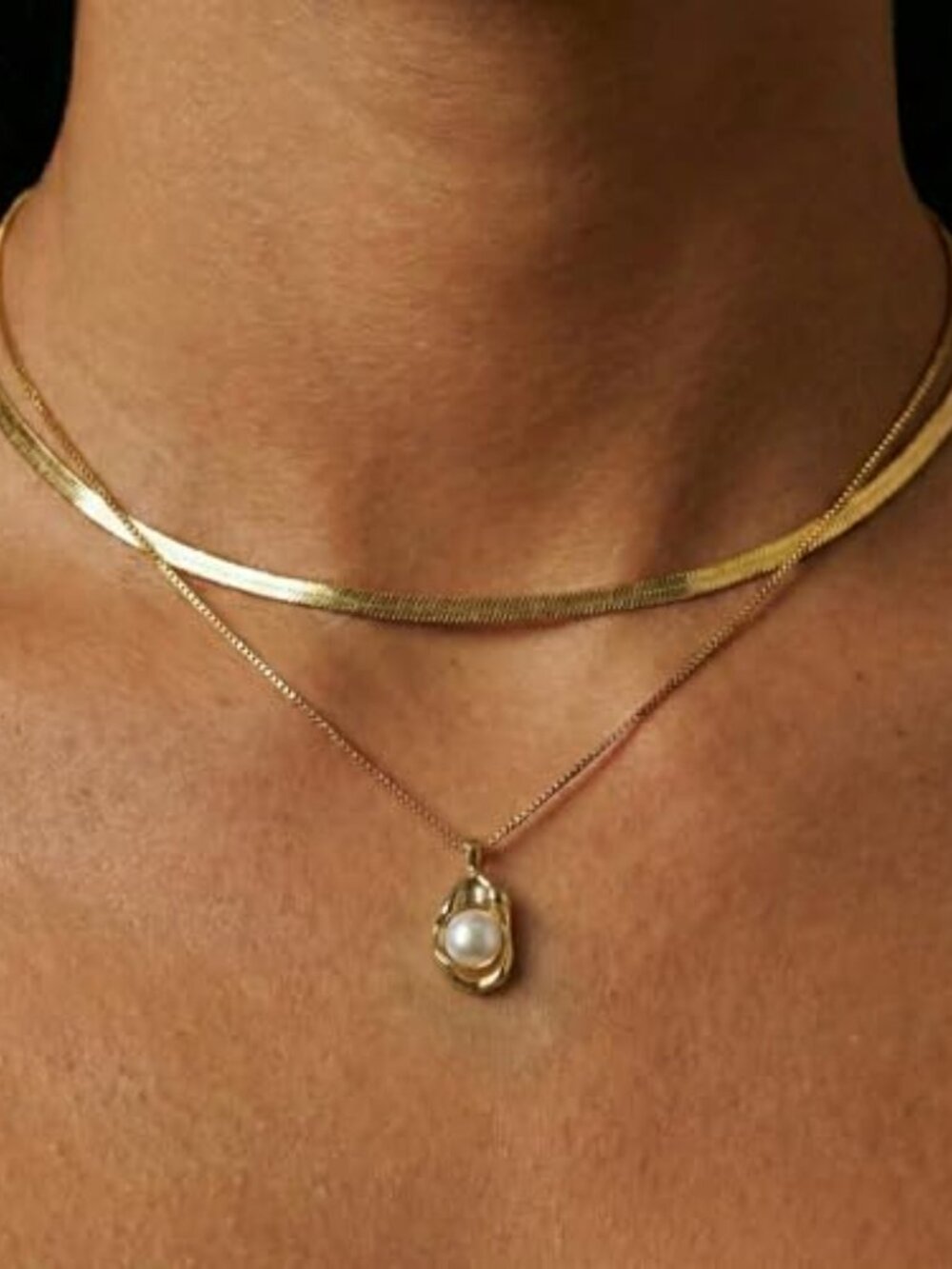 Women's Double Layer Snake Chain Necklace with Pearl Pendant